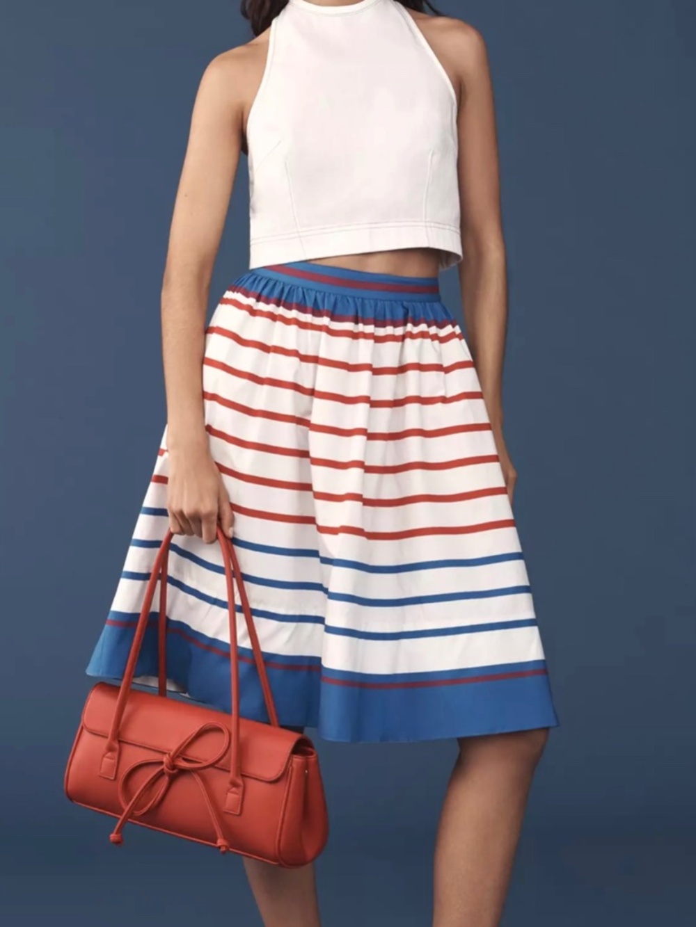 NWT Maeve Anthropologie Jacie Navy Marin Striped Cotton Poplin Skirt Size Large